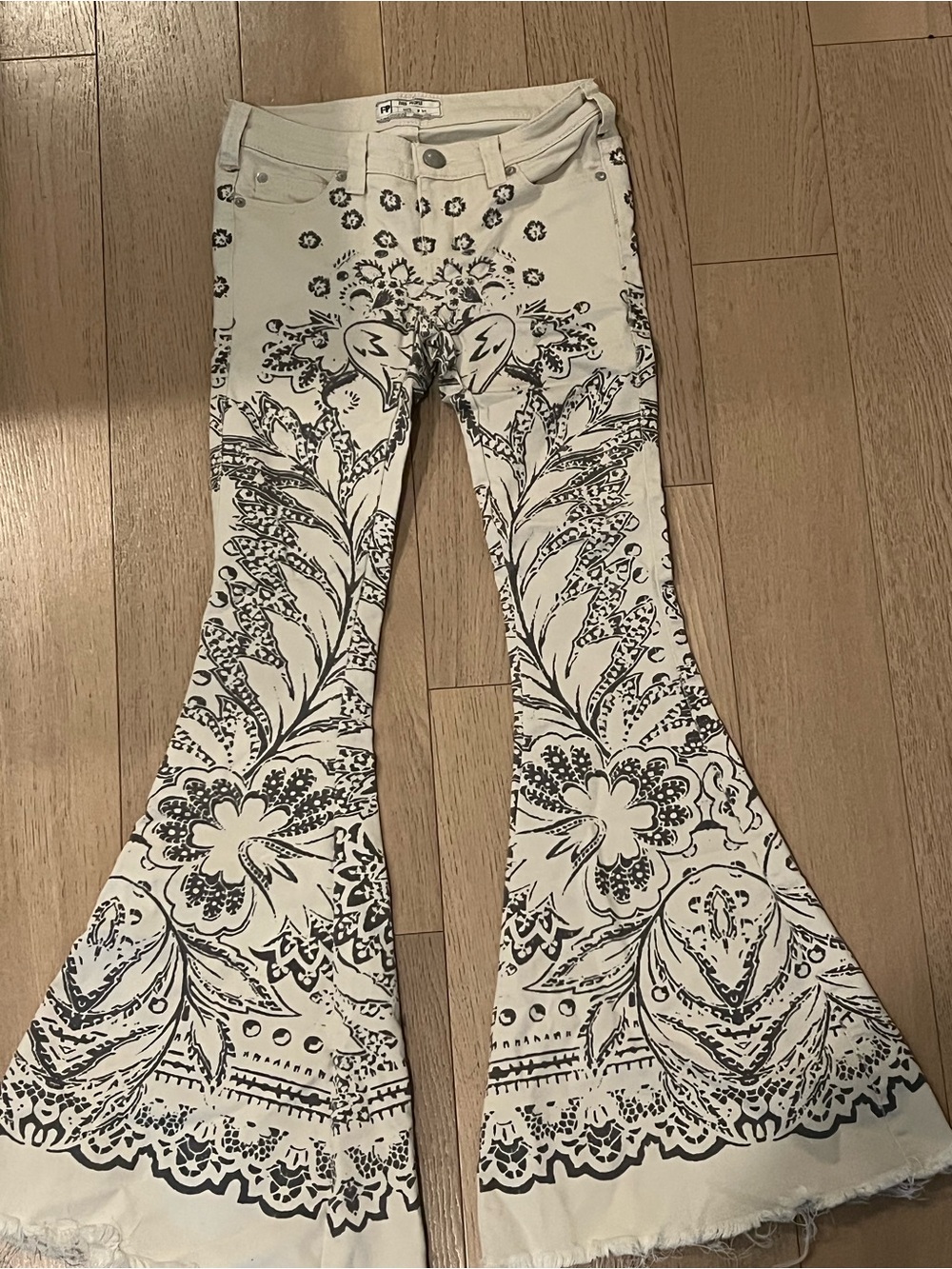 Free People White Floral Print Flare Jeans
